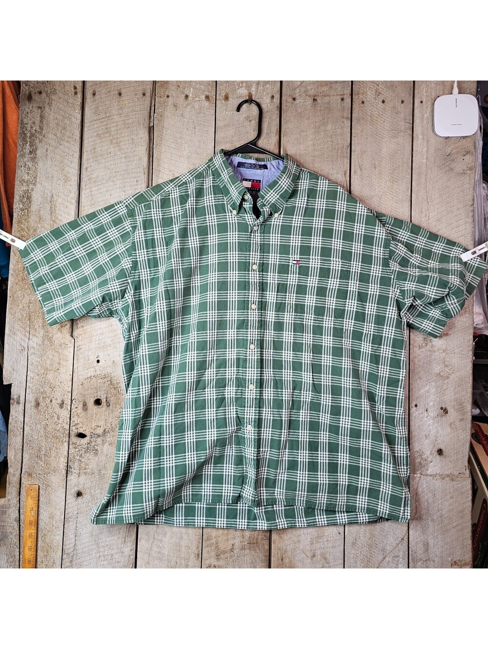 Tommy Hilfiger Plaid Button Front Shirt Mens XXL Green Short Sleeve